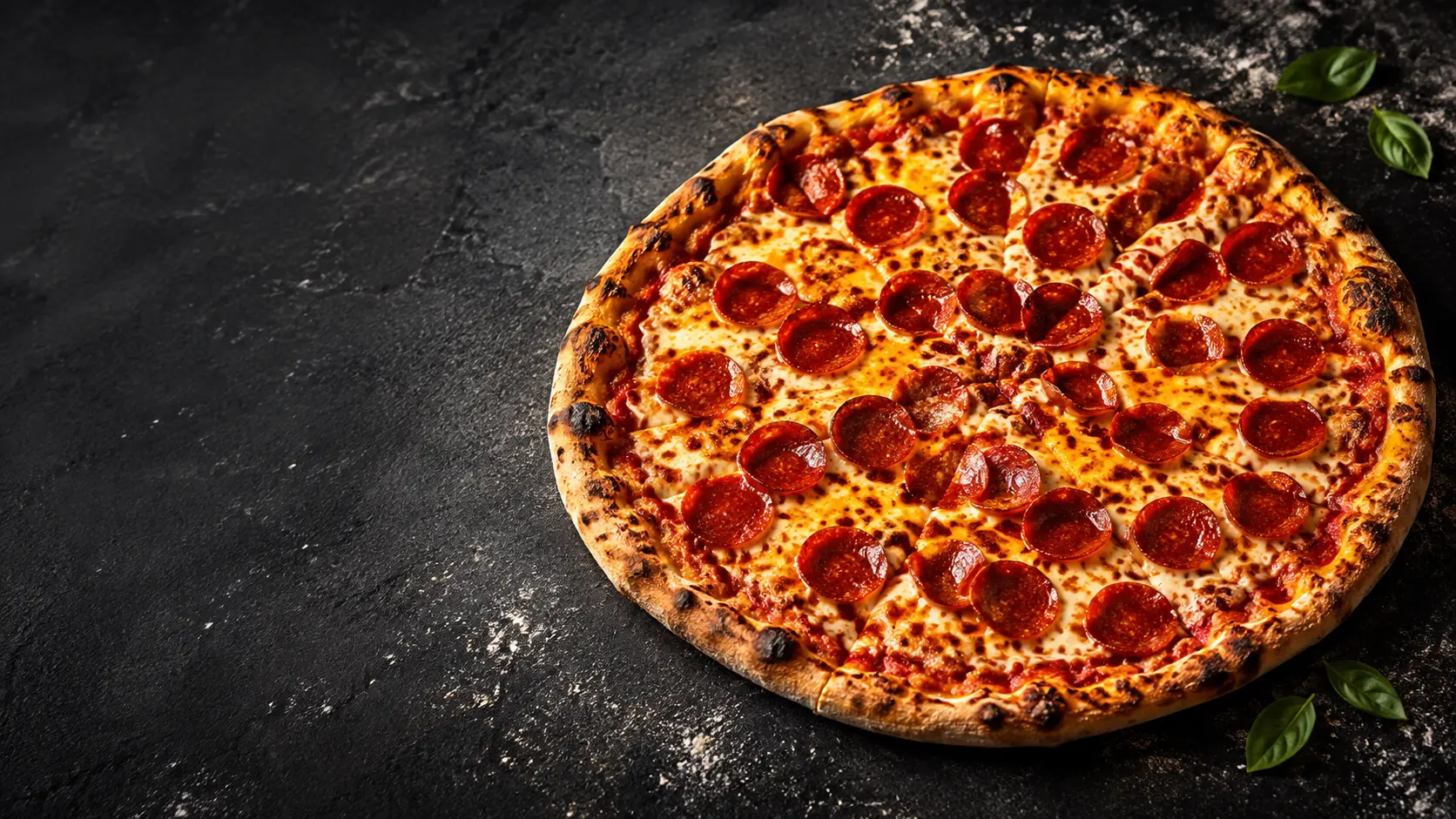 New York-style pepperoni pizza on a dark stone surface
