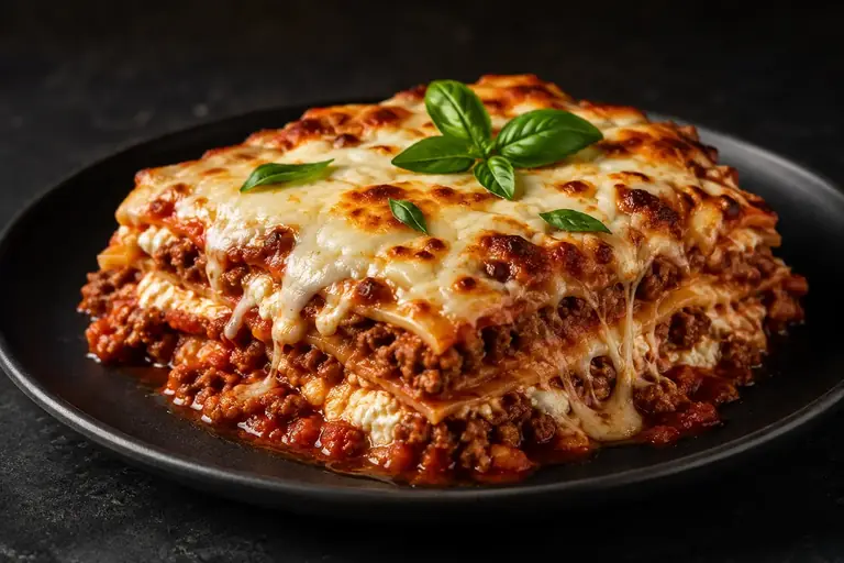 Freshly baked lasagna layered with meat sauce and melted cheese